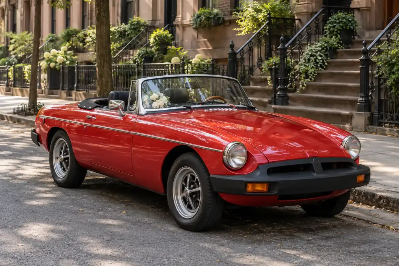 Red vintage convertible parked along a New York City brownstone street with white wedding flowers.